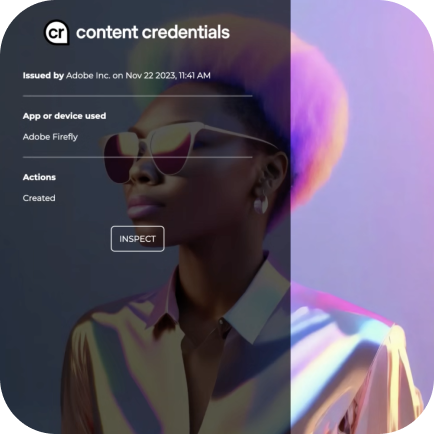 Person wearing sunglasses with content credentials information overlayed.