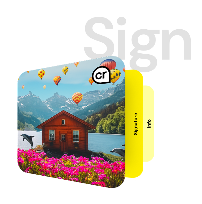 Red house with a dolphin and hot air balloons with signature information.